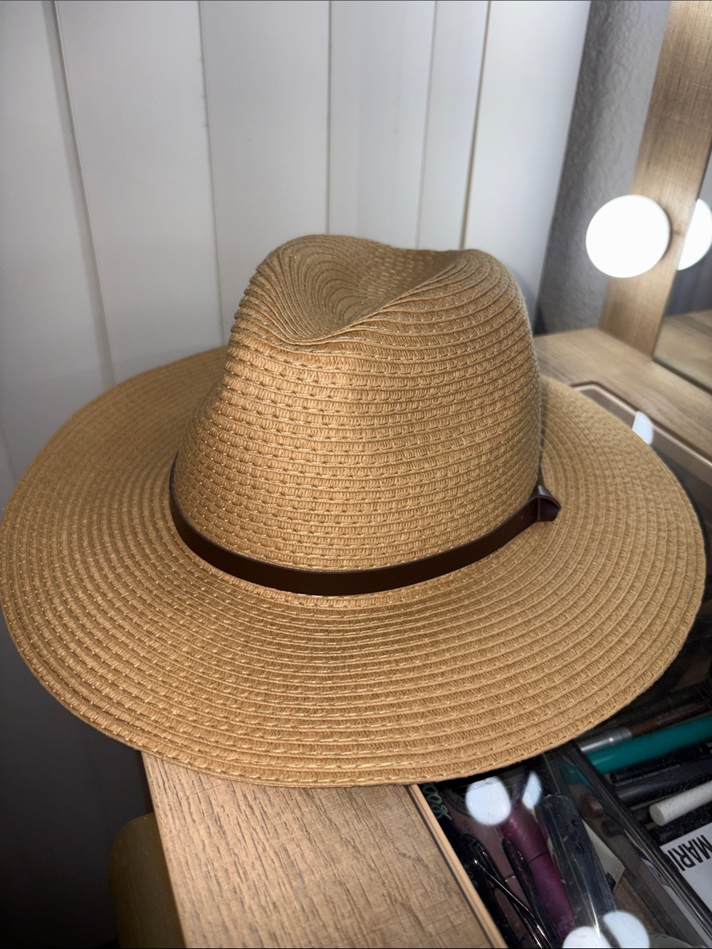 Old Navy Straw Fedora Hat in Tan with Brown Band